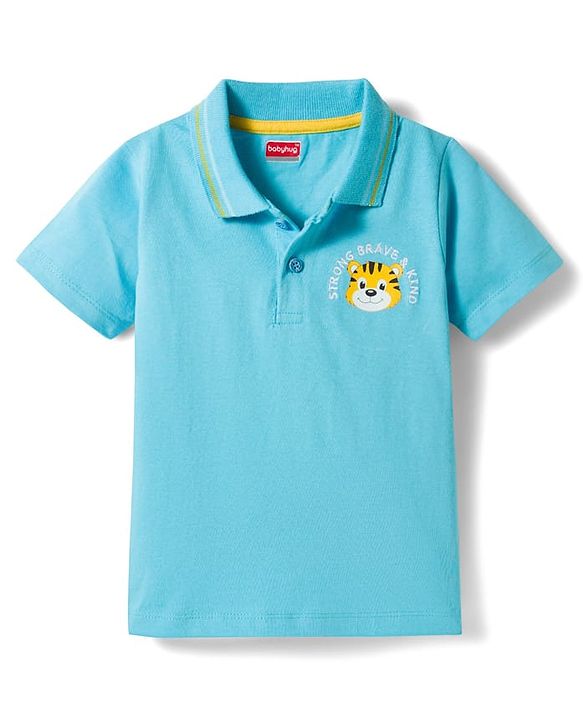 Babyhug 100% Cotton Knit Half Sleeves Polo T-Shirt With Tiger Print - Light Blue & Yellow