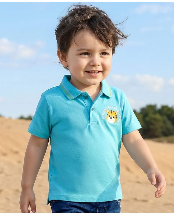 Babyhug 100% Cotton Knit Half Sleeves Polo T-Shirt With Tiger Print - Light Blue & Yellow