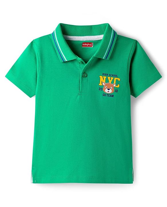 Babyhug Cotton Knit Half Sleeves Polo T-Shirt With Bear Print - Green