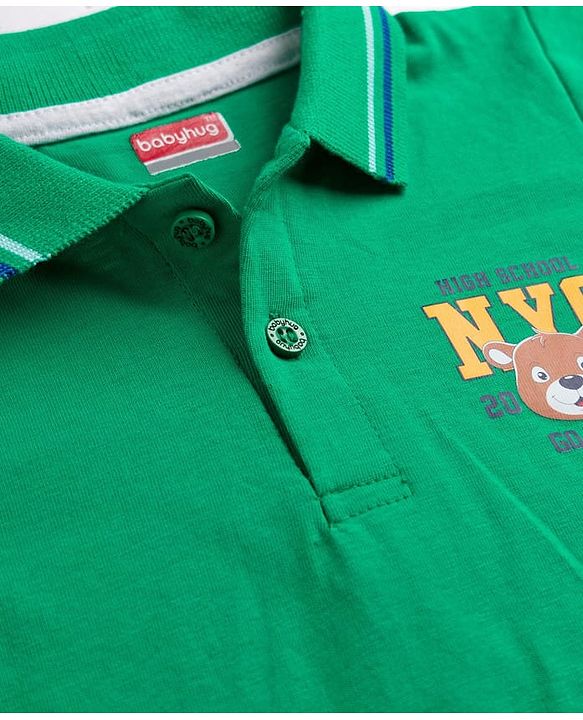 Babyhug Cotton Knit Half Sleeves Polo T-Shirt With Bear Print - Green