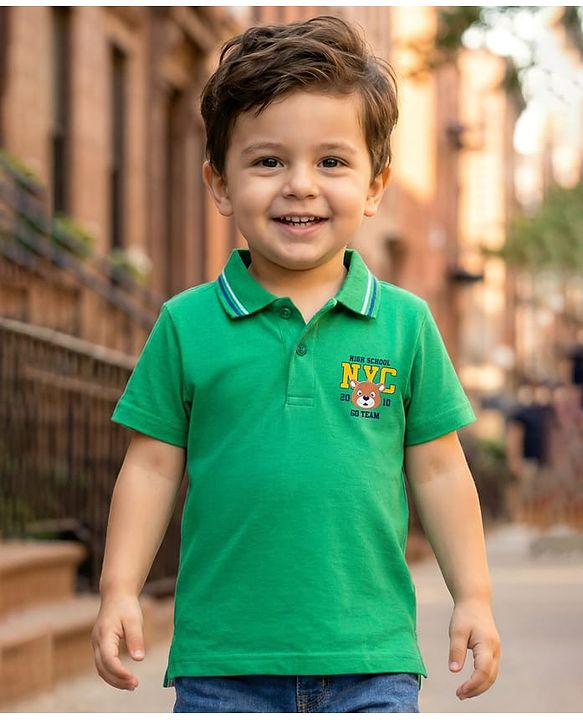 Babyhug Cotton Knit Half Sleeves Polo T-Shirt With Bear Print - Green