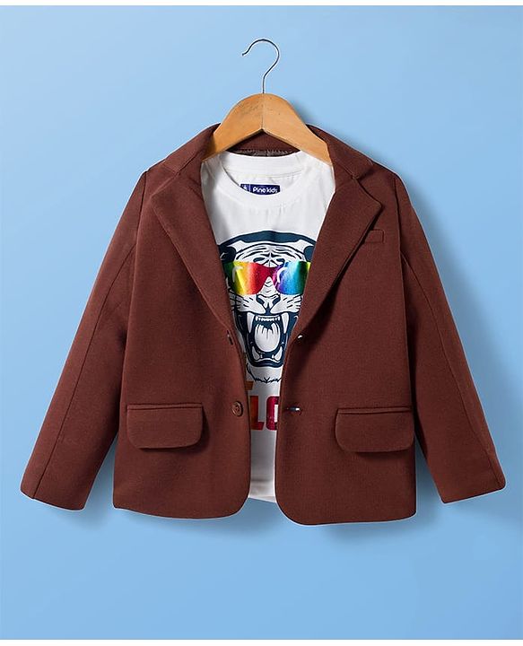 Pine Kids Knit Full Sleeves Party Blazer & Tiger Printed T-Shirt - Brown