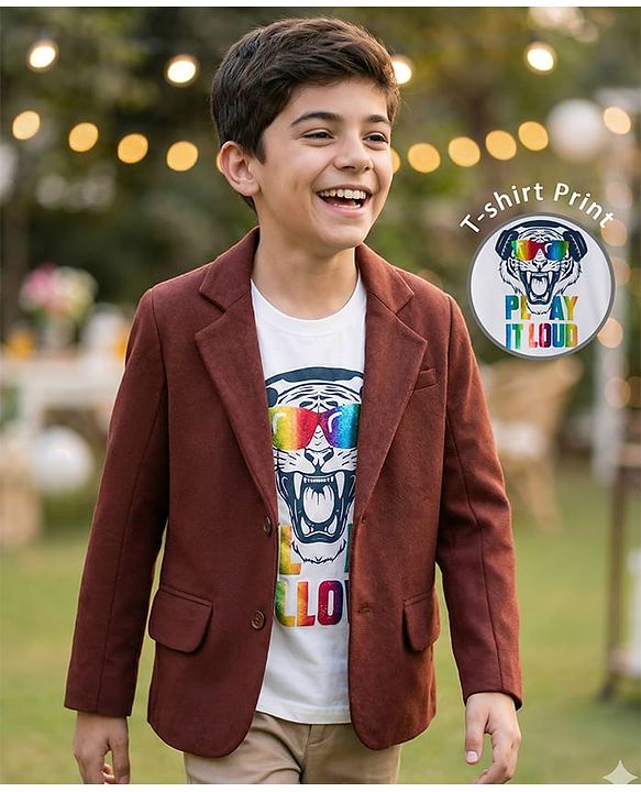 Pine Kids Knit Full Sleeves Party Blazer & Tiger Printed T-Shirt - Brown