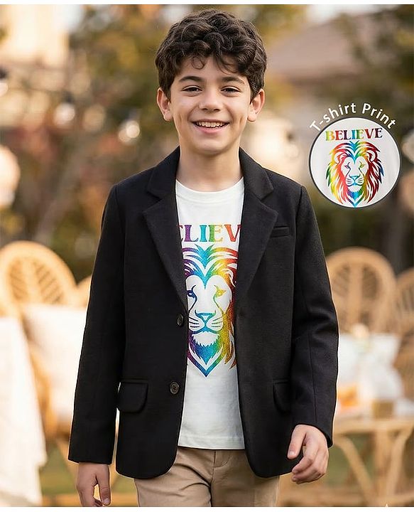 Pine Kids Knit Full Sleeves Solid Color Blazer with Inner Tee - Black