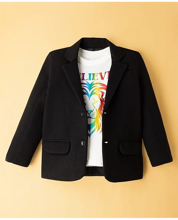 Pine Kids Knit Full Sleeves Solid Color Blazer with Inner Tee - Black
