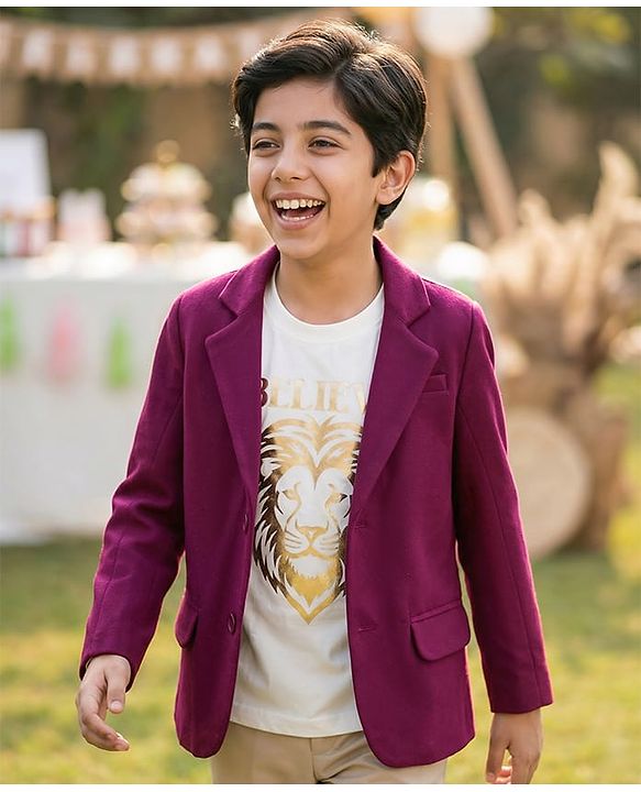 Pine Kids Knit Full Sleeves Party Blazer & Lion Printed T-Shirt - Maroon