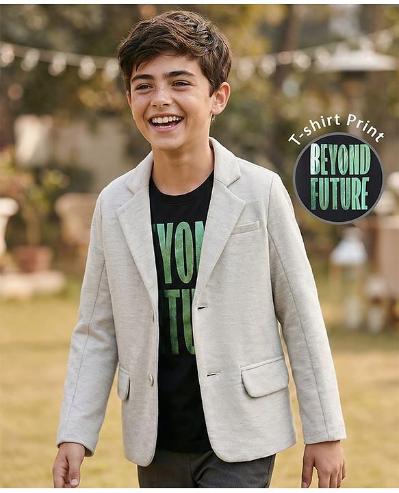 Pine Kids Knit Full Sleeves Solid Color Blazer with Inner Tee - Grey