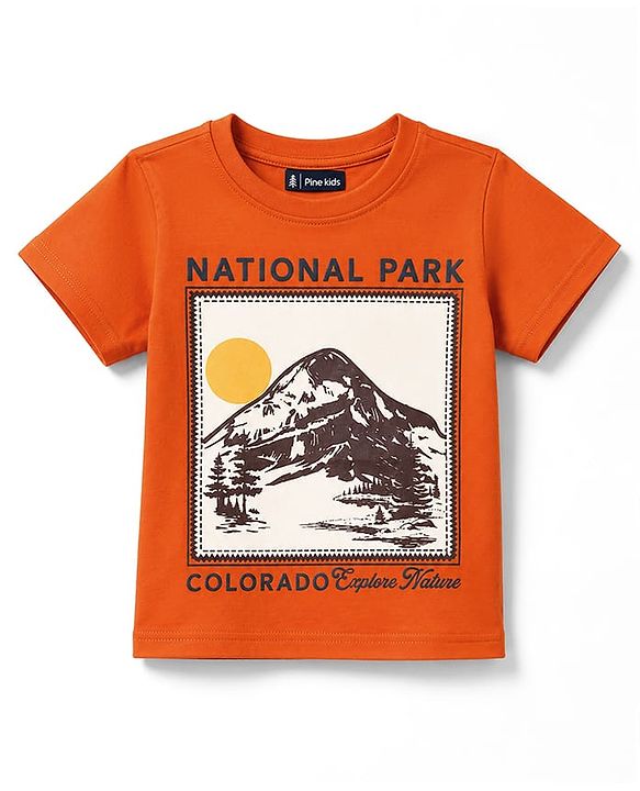 Pine Kids Cotton Knit Half Sleeves T-Shirt with National Park Print - Rust Orange