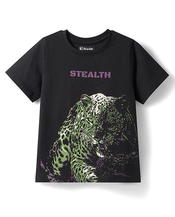 Pine Kids Cotton Knit T-Shirts Half Sleeves Round Neck Graphic Jet Black 4-5 Years