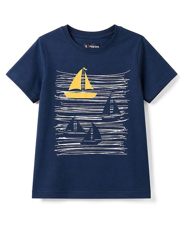 Pine Kids Cotton Knit Half Sleeves T-Shirt With Boat Print - Blue