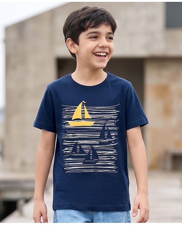 Pine Kids Cotton Knit Half Sleeves T-Shirt With Boat Print - Blue