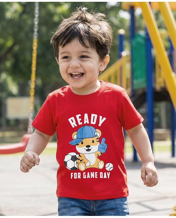 Babyhug Cotton Knit Half Sleeves T-Shirt with Tiger Print - Red