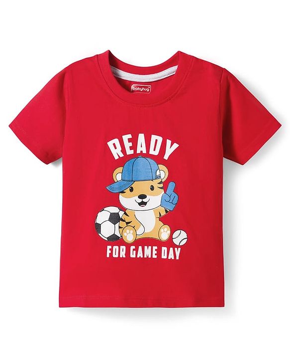 Babyhug Cotton Knit Half Sleeves T-Shirt with Tiger Print - Red