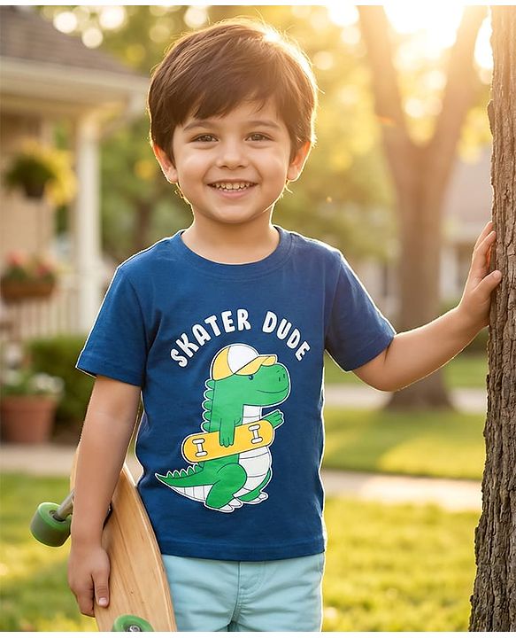 Babyhug 100% Cotton Knit Half Sleeves Dino Printed T-Shirt - Multicolour