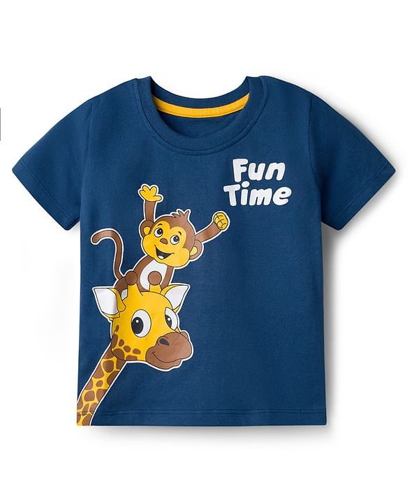 Babyhug Cotton Knit Half Sleeves T-Shirt with Animal Print - Navy Blue
