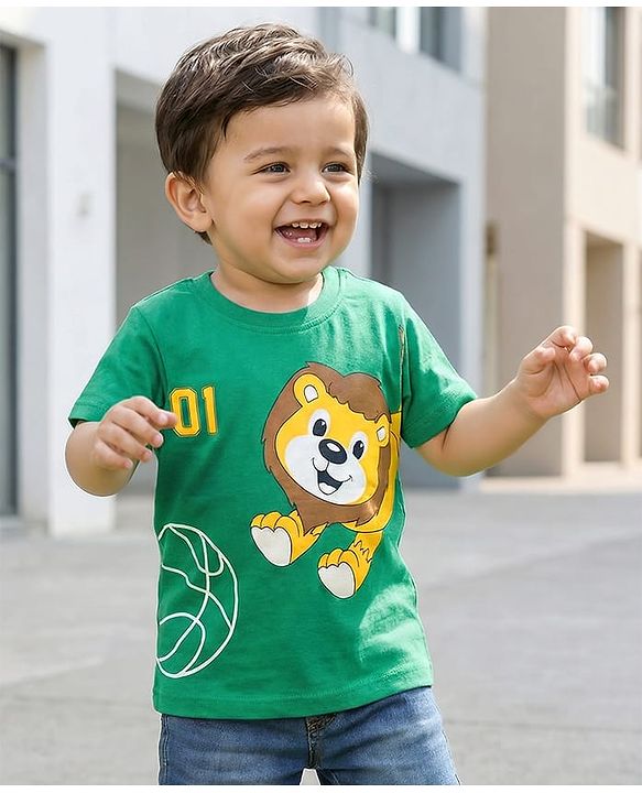 Babyhug 100% Cotton Knit Half Sleeves Lion Printed T-Shirt - Multicolour