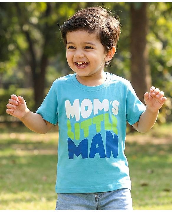 Babyhug Cotton Knit Half Sleeves T-Shirt with Mom's Little Man Print - Light Blue