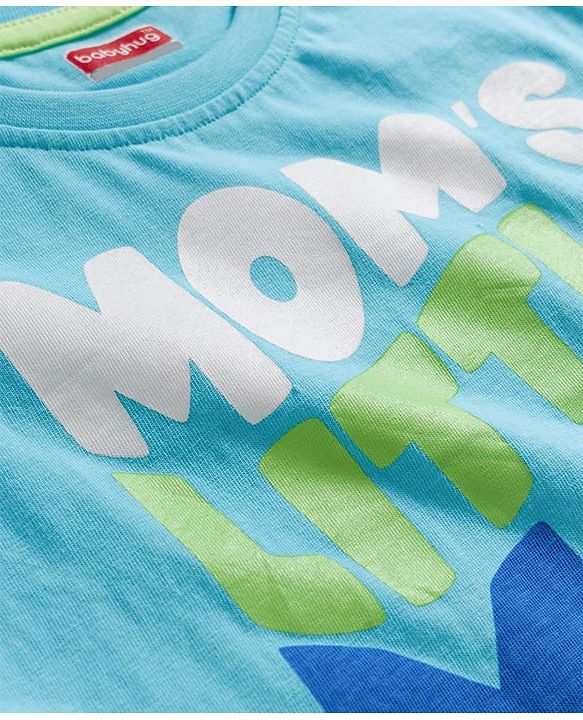 Babyhug Cotton Knit Half Sleeves T-Shirt with Mom's Little Man Print - Light Blue
