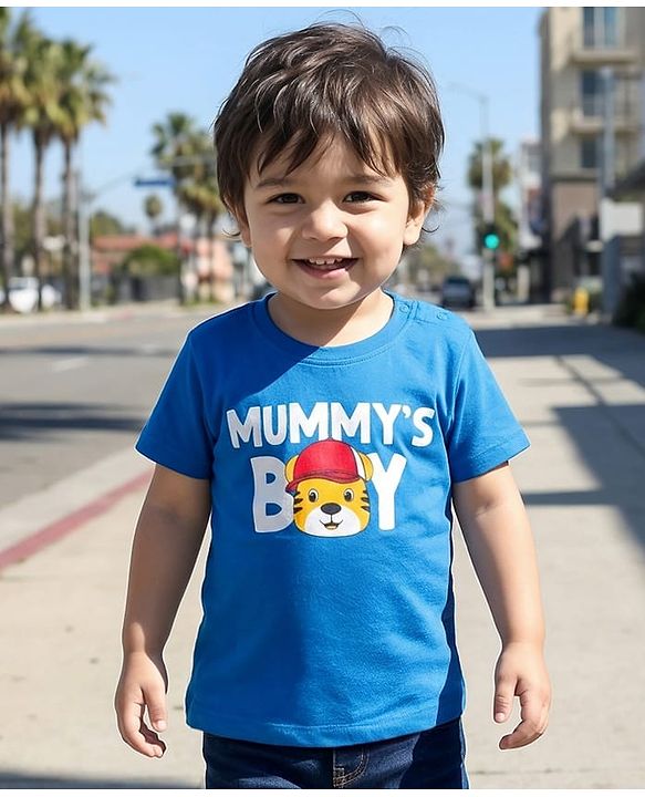 Babyhug 100% Cotton Knit Half Sleeves T-Shirt With Tiger Print - Blue & White