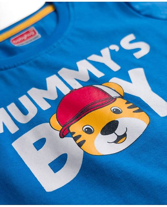 Babyhug 100% Cotton Knit Half Sleeves T-Shirt With Tiger Print - Blue & White