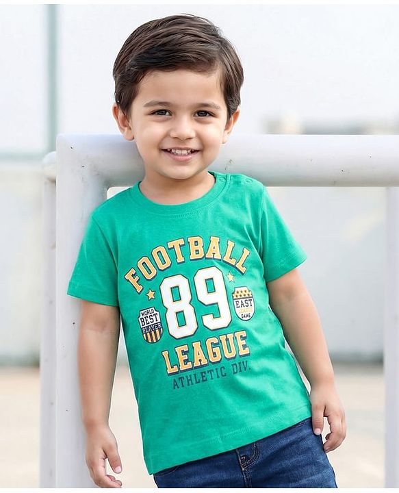 Babyhug 100% Cotton Knit Half Sleeves Sports Theme Printed T-Shirt - Green & White