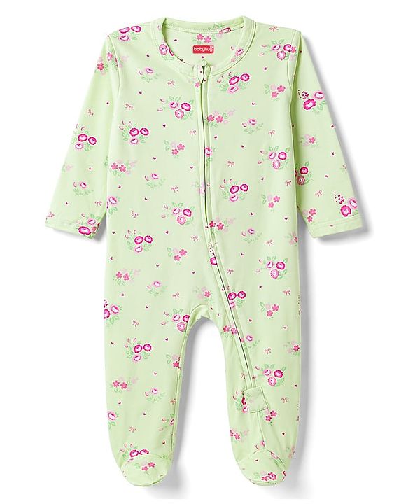 Babyhug Cotton Knit Full Sleeves Sleepsuit with Floral Print - Yellow
