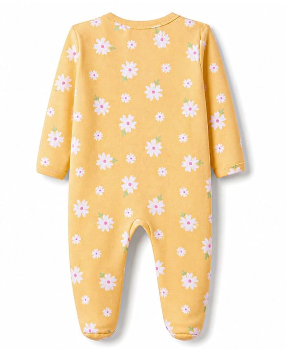 Babyhug Cotton Knit Full Sleeves Floral Printed Sleepsuit - Yellow
