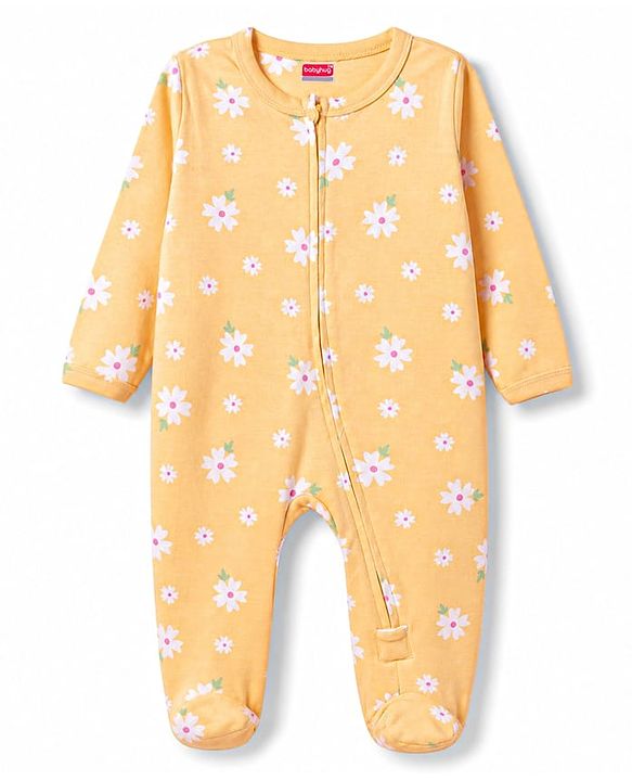 Babyhug Cotton Knit Full Sleeves Floral Printed Sleepsuit - Yellow