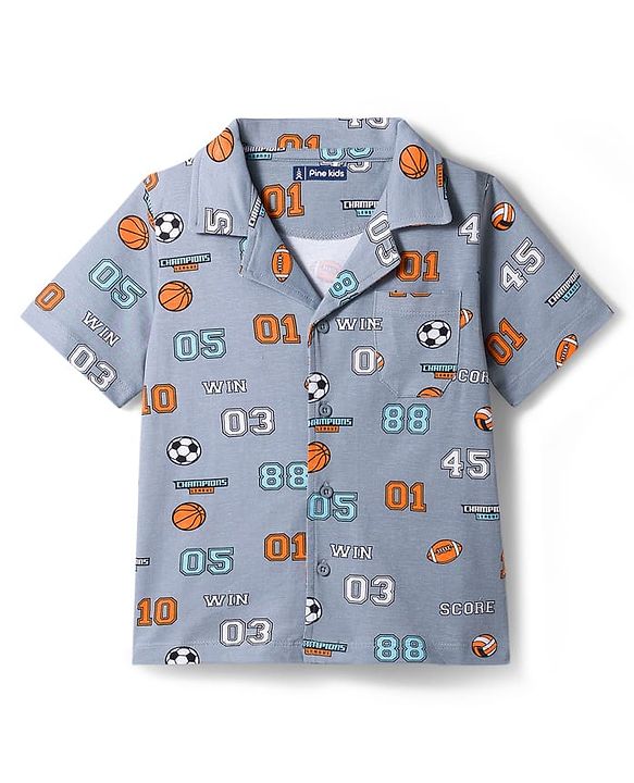 Pine Kids Cotton Knit Half Sleeves Shirt & Pajama Set With Football Print - Light Grey