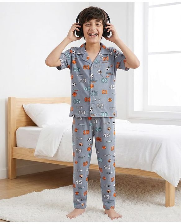Pine Kids Cotton Knit Half Sleeves Shirt & Pajama Set With Football Print - Light Grey