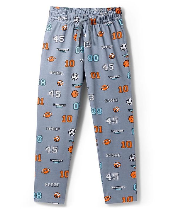 Pine Kids Cotton Knit Half Sleeves Shirt & Pajama Set With Football Print - Light Grey