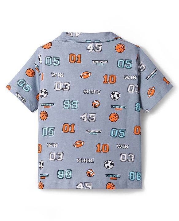 Pine Kids Cotton Knit Half Sleeves Shirt & Pajama Set With Football Print - Light Grey