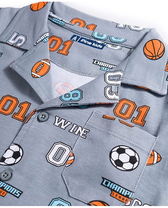 Pine Kids Cotton Knit Half Sleeves Shirt & Pajama Set With Football Print - Light Grey
