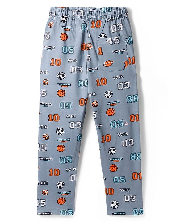 Pine Kids Cotton Knit Half Sleeves Shirt & Pajama Set With Football Print - Light Grey