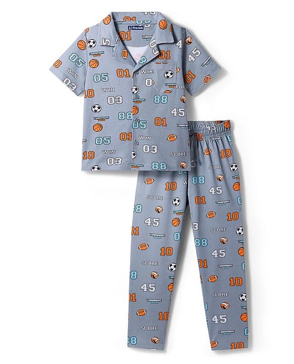 Pine Kids Cotton Knit Half Sleeves Shirt & Pajama Set With Football Print - Light Grey