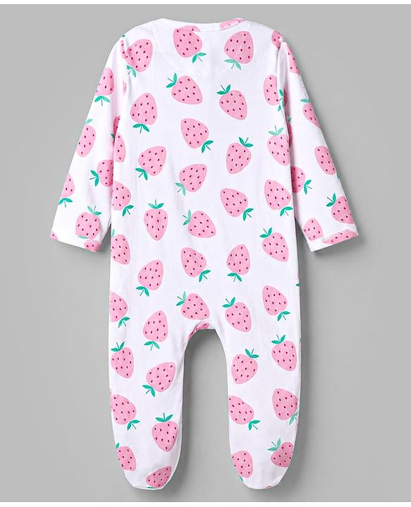 Babyhug Cotton Knit Full Sleeves Strawberry Printed Sleepsuit - White