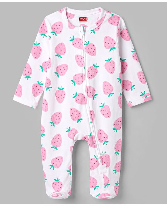 Babyhug Cotton Knit Full Sleeves Strawberry Printed Sleepsuit - White