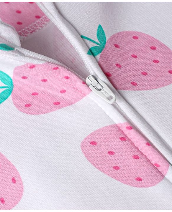 Babyhug Cotton Knit Full Sleeves Strawberry Printed Sleepsuit - White