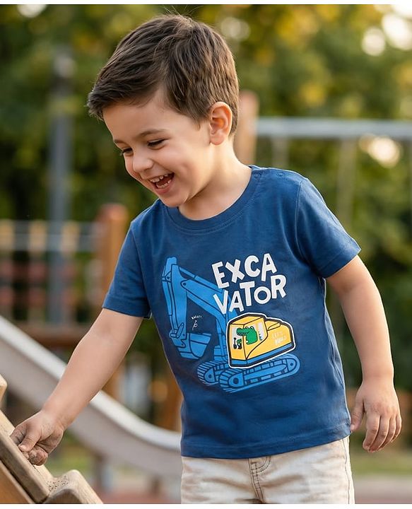 Babyhug 100% Cotton Knit Half Sleeves Construction Vehicles Printed T-Shirt - Blue
