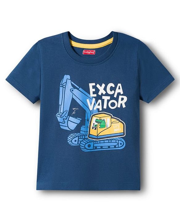 Babyhug 100% Cotton Knit Half Sleeves Construction Vehicles Printed T-Shirt - Blue