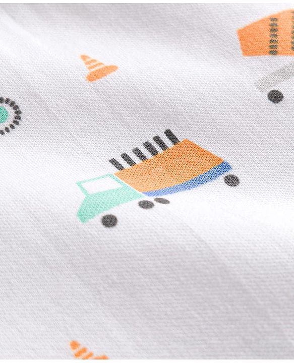 Babyhug Cotton Knit Full Sleeves Construction Vehicles Printed Sleepsuit - White