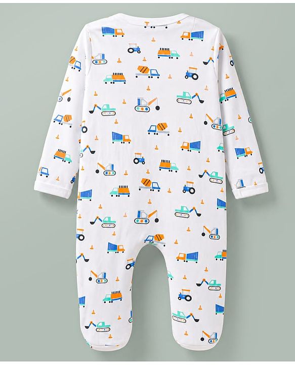 Babyhug Cotton Knit Full Sleeves Construction Vehicles Printed Sleepsuit - White