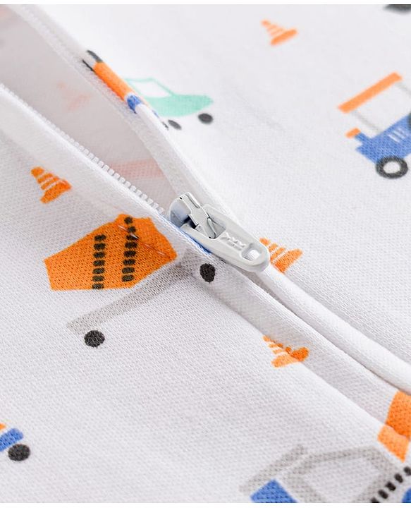 Babyhug Cotton Knit Full Sleeves Construction Vehicles Printed Sleepsuit - White
