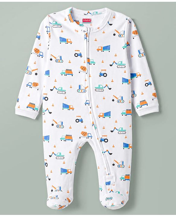 Babyhug Cotton Knit Full Sleeves Construction Vehicles Printed Sleepsuit - White