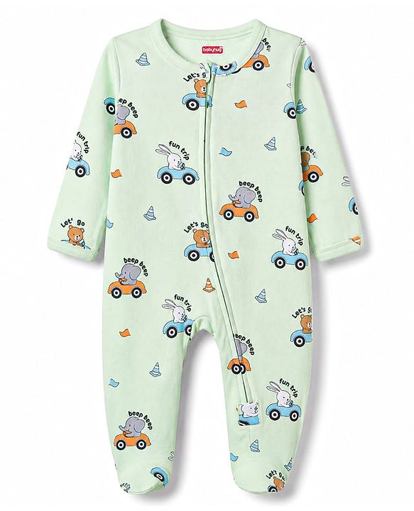 Babyhug Cotton Knit Full Sleeves Vehicles & Elephant Printed Sleepsuit - Mint