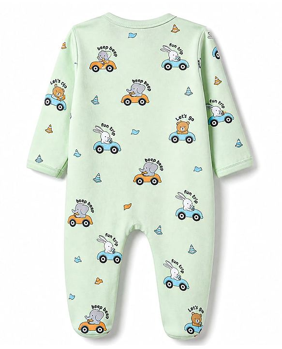 Babyhug Cotton Knit Full Sleeves Vehicles & Elephant Printed Sleepsuit - Mint