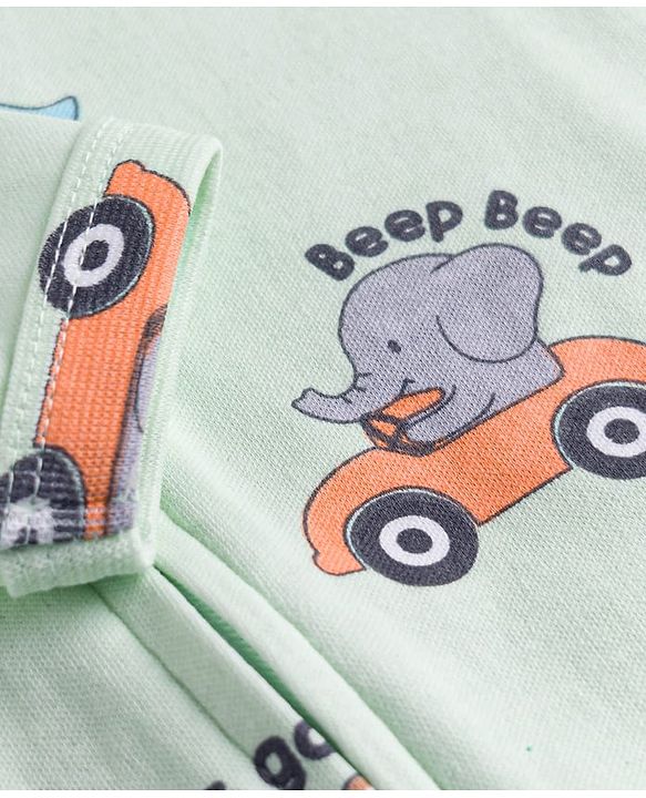 Babyhug Cotton Knit Full Sleeves Vehicles & Elephant Printed Sleepsuit - Mint