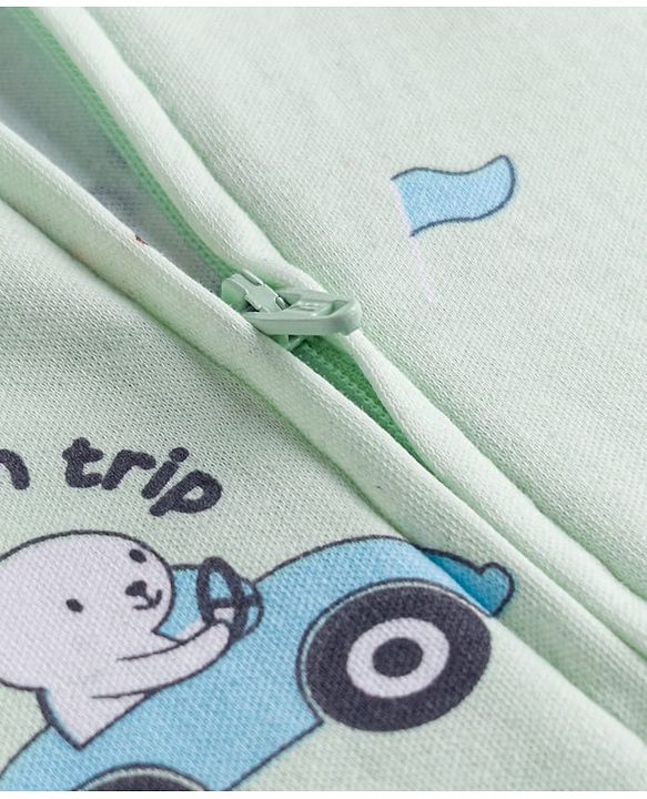 Babyhug Cotton Knit Full Sleeves Vehicles & Elephant Printed Sleepsuit - Mint