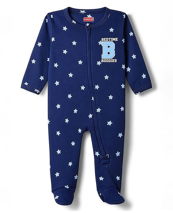 Babyhug Cotton Knit Full Sleeves Sleepsuit  with Star Print - Navy Blue