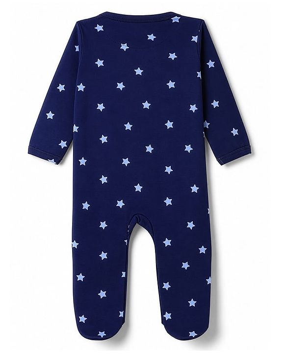Babyhug Cotton Knit Full Sleeves Sleepsuit  with Star Print - Navy Blue